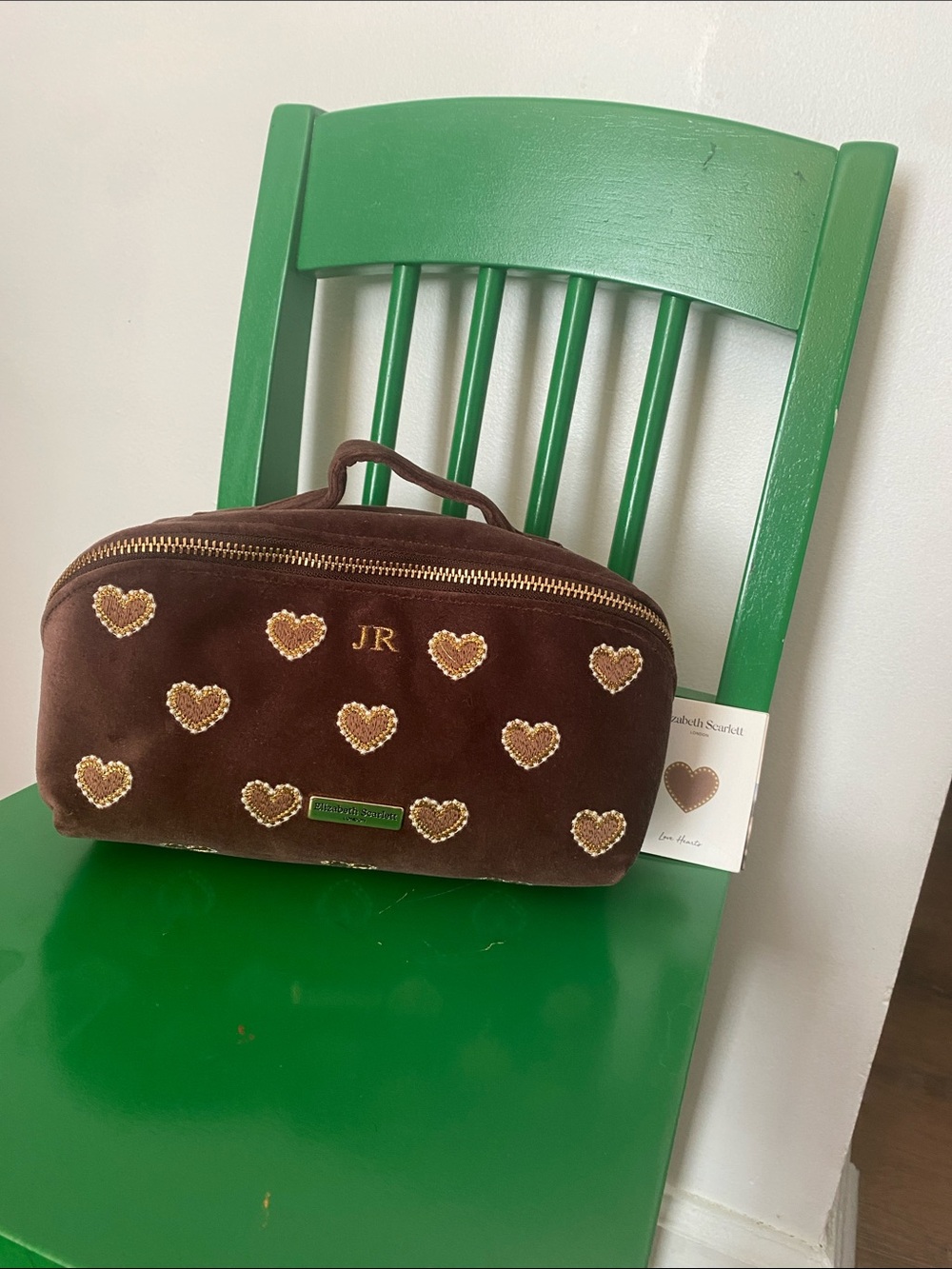Embroidered Heart Suede Cosmetic Case in Brown